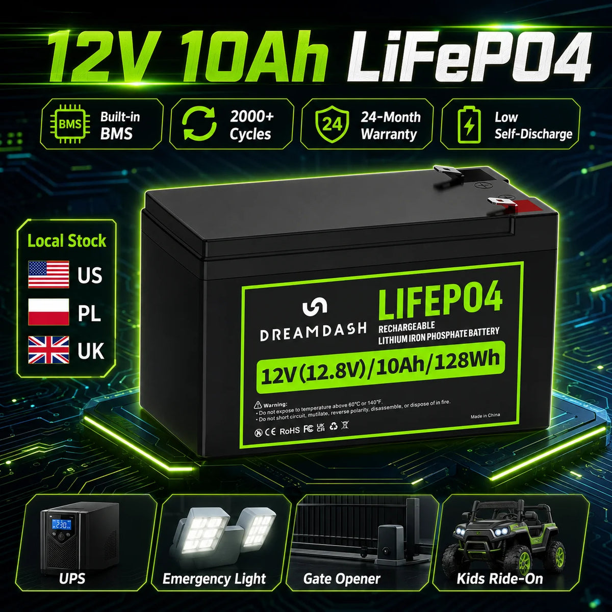 A black Dreamdash 12V 10Ah LiFePO4 rechargeable lithium iron phosphate battery shown on a dark digital background with glowing green circuit lines. The battery has a bright green label with white text.