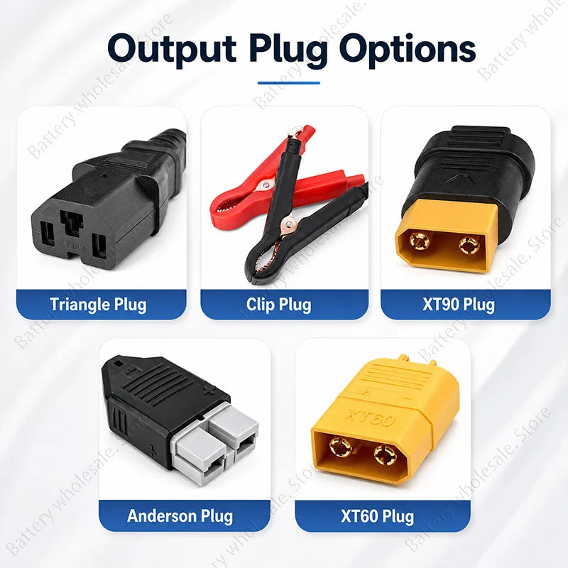Output plug options chart showing five connector types: Triangle Plug, Clip Plug, XT90 Plug, Anderson Plug, and XT60 Plug, each pictured with a label on a white background.