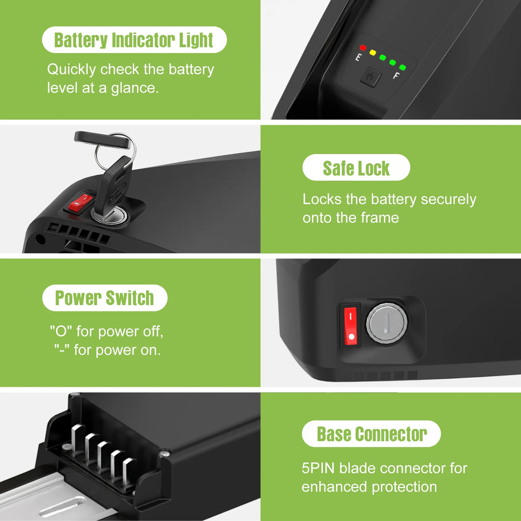 Product features with battery indicator light, safe lock, power switch, and base connector on a green and white background.