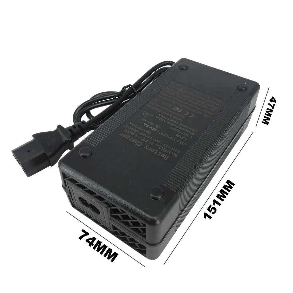 Black plastic power adapter with attached power cord, shown on a white background with dimension lines and labels indicating 151mm length, 74mm width, and 47mm height.
