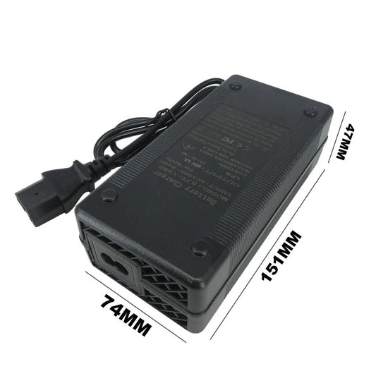 Black plastic power adapter with attached power cord, shown on a white background with dimension lines and labels indicating 151mm length, 74mm width, and 47mm height.