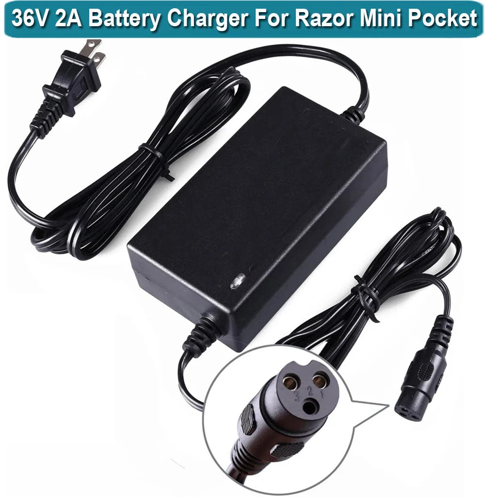 Black 36V 2A battery charger adapter with power cord, connector cable, and circular inset showing the plug detail, on a white background with a blue text banner at the top.