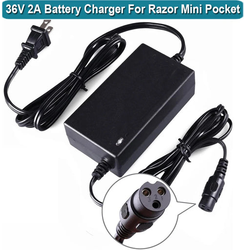 Black 36V 2A battery charger adapter with power cord, connector cable, and circular inset showing the plug detail, on a white background with a blue text banner at the top.