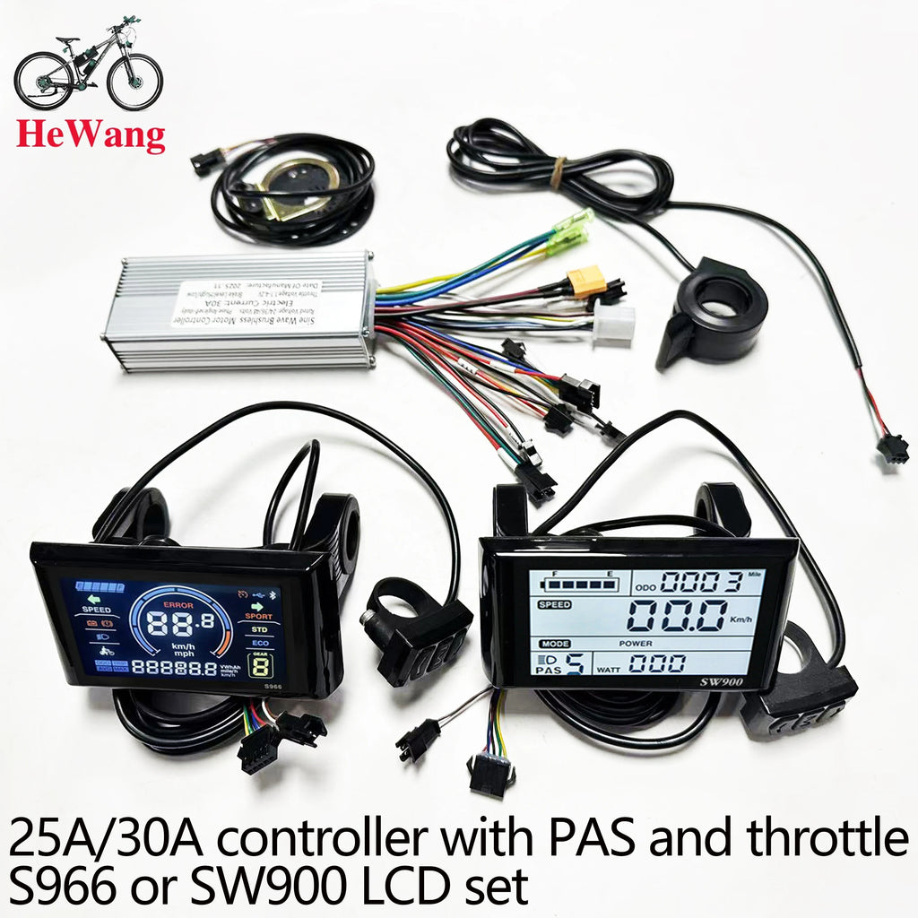 Electric bike controller with wiring harnesses and display panels on a white background, featuring the brand 'Hewang'.