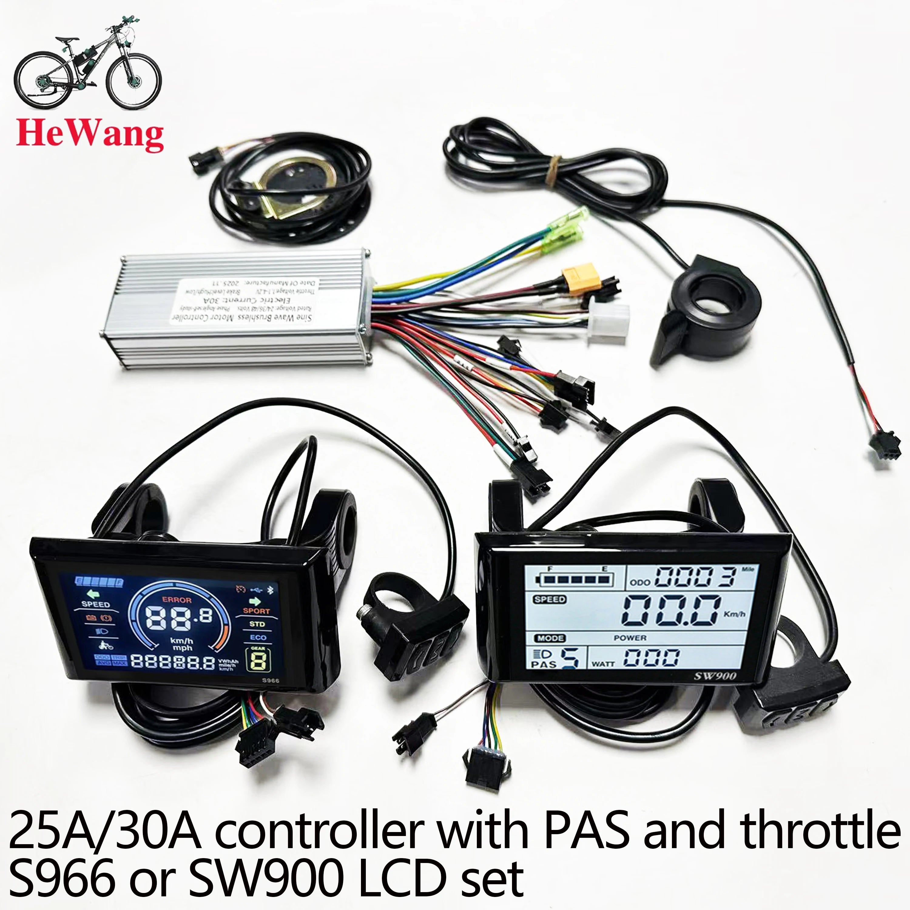 Electric bike controller with wiring harnesses and display panels on a white background, featuring the brand 'Hewang'.