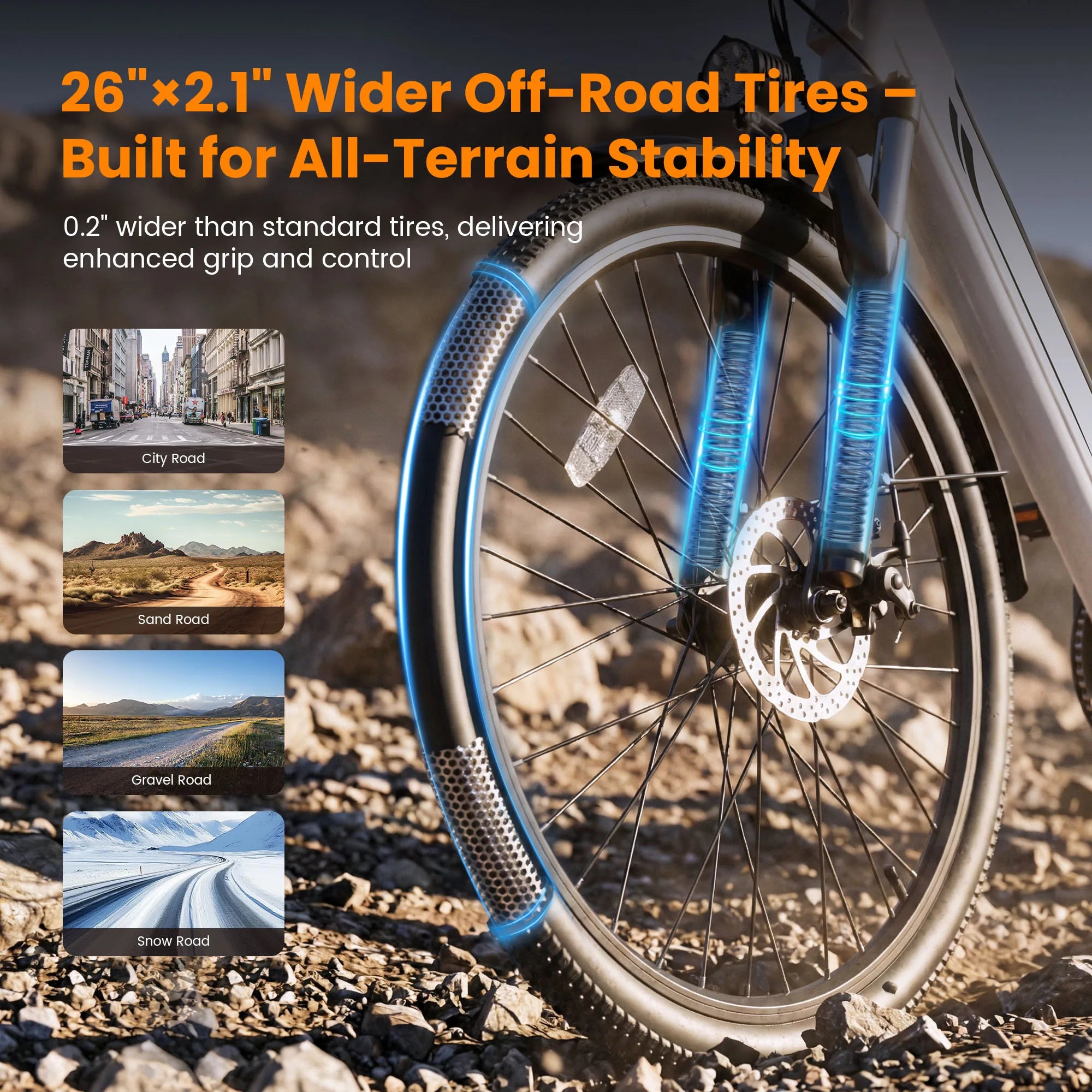 An off-road bicycle wheel with a wide black tire and blue suspension forks, shown on a gravel surface with promotional text about wider tires and all-terrain stability. Small road-scene thumbnails appear along the left side.