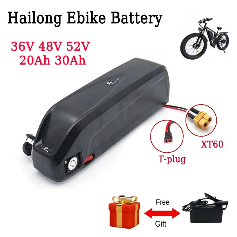 Hailong ebike battery in black plastic with red and black cable connectors, shown on a white background with text listing voltages, battery capacities, a bicycle illustration, a T-plug detail, and a free gift battery offer.