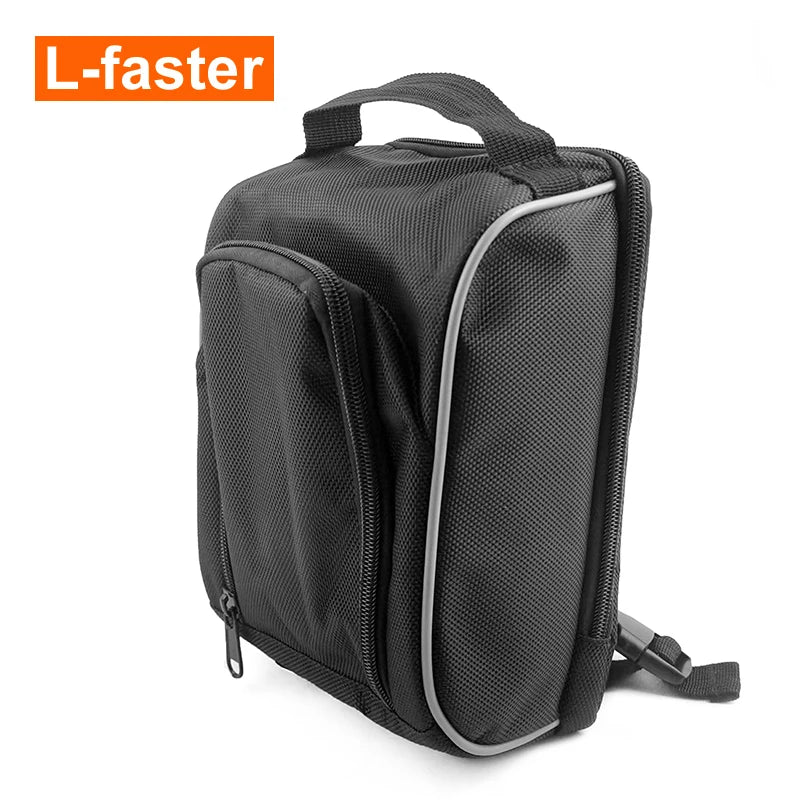 A black nylon camera bag with a top handle and front zippered pocket, featuring light gray piping accents, shown on a white background with an 'L-faster' logo in the top-left corner.