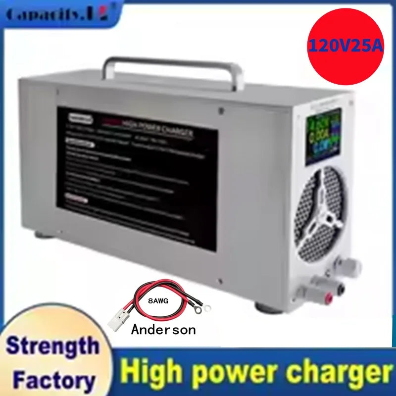 A silver high-power charger power supply with a handle, black front label, and digital display screen, shown with attached red and black cables. The image contains promotional text overlays including '120V25A', 'Strength Factory', and 'High power charger'.