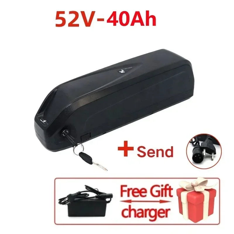 A black 52V-40Ah electric bicycle battery with a key inserted, shown on a white background with red text reading '52V-40Ah', a '+ Send' label, a small inset of a charger plug, and a promotional box for a free charger.