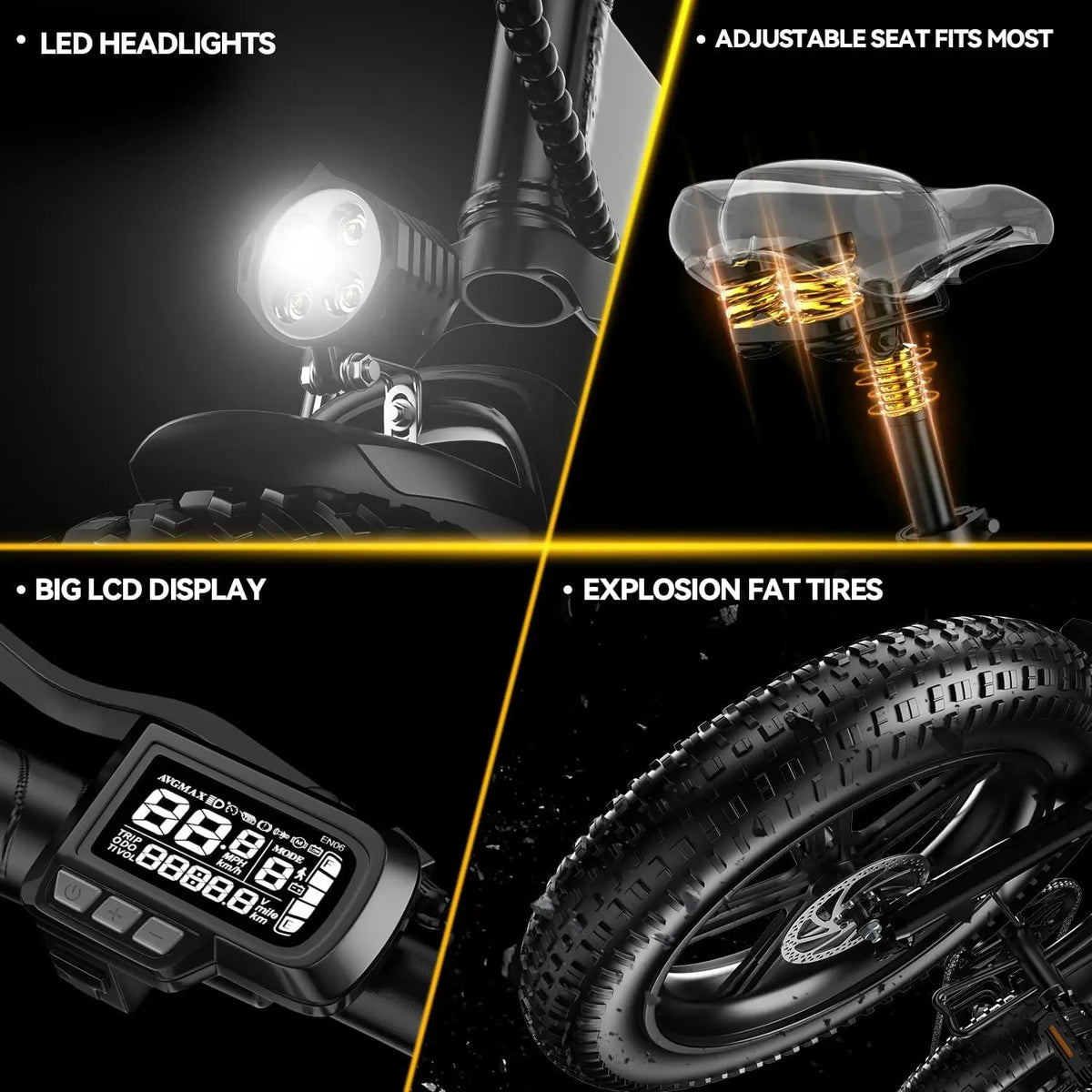 Motorcycle features including LED headlights, adjustable seat, big LCD display, and explosion-proof tires on a black background.