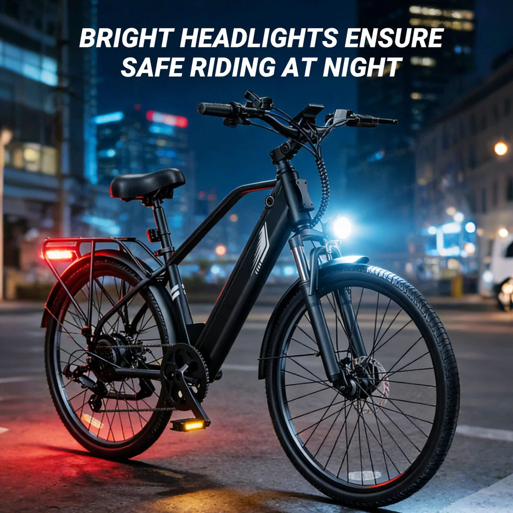 A black electric bicycle parked on a city street at night, with bright headlight glow, city lights in the background, and the text 'BRIGHT HEADLIGHTS ENSURE SAFE RIDING AT NIGHT' at the top.