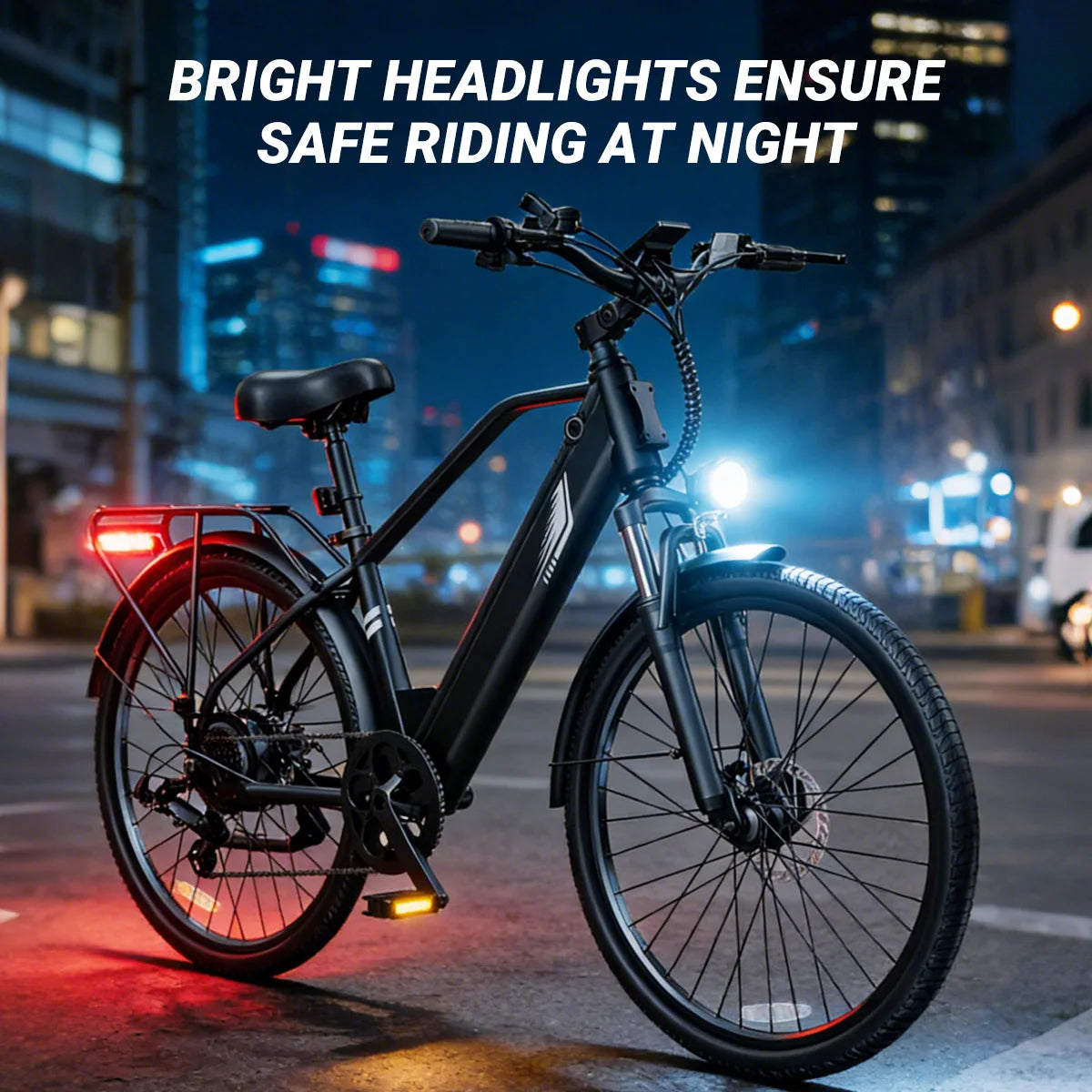 A black electric bicycle parked on a city street at night, with bright headlight glow, city lights in the background, and the text 'BRIGHT HEADLIGHTS ENSURE SAFE RIDING AT NIGHT' at the top.