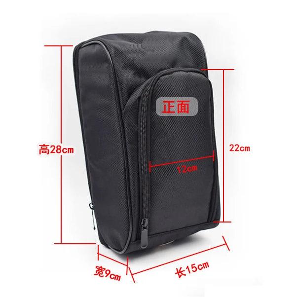 Black fabric shoe bag with red dimension lines and measurements showing height, width, and length on a white background.