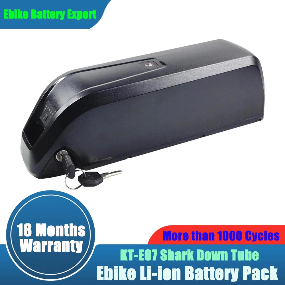 Black e-bike battery pack with warranty and cycle information on a white background