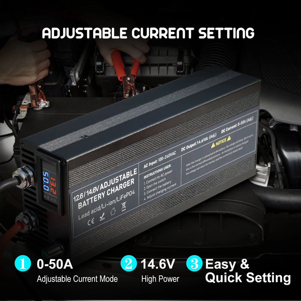 Battery charger with adjustable current setting in a car's engine bay.