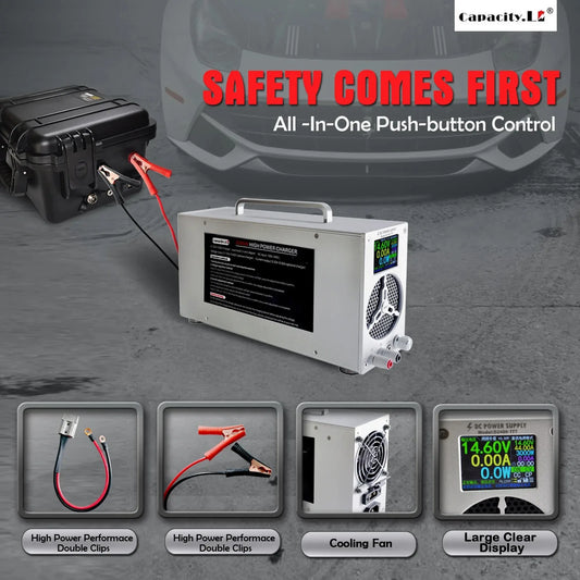 Capacity.LZ all-in-one push-button control battery charger with a silver metal chassis, digital LCD display, cooling fan, and attached red/black clamps, shown alongside a black hard case on a gray concrete surface with a blurred car background and feature callouts.