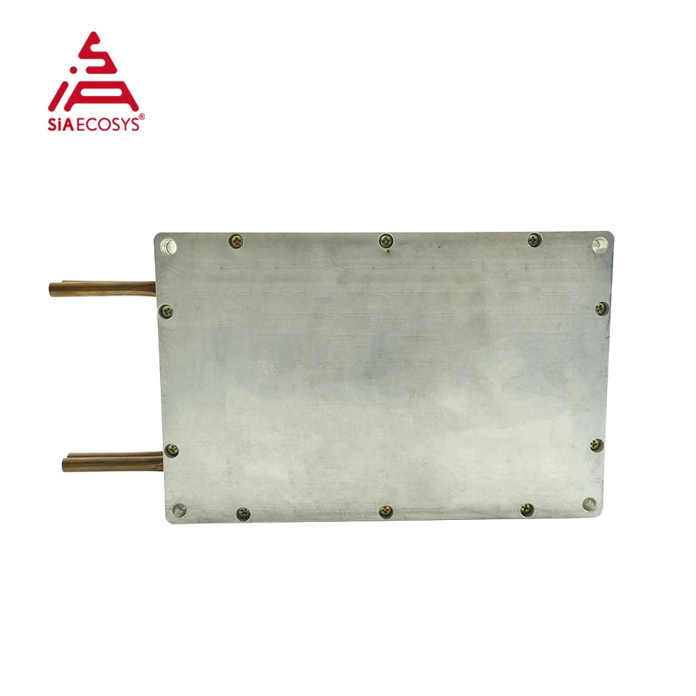 A rectangular brushed metal heat exchanger plate with two copper tubes extending from the left side, shown on a plain white background with the SIAECOSYS logo in the top-left corner.