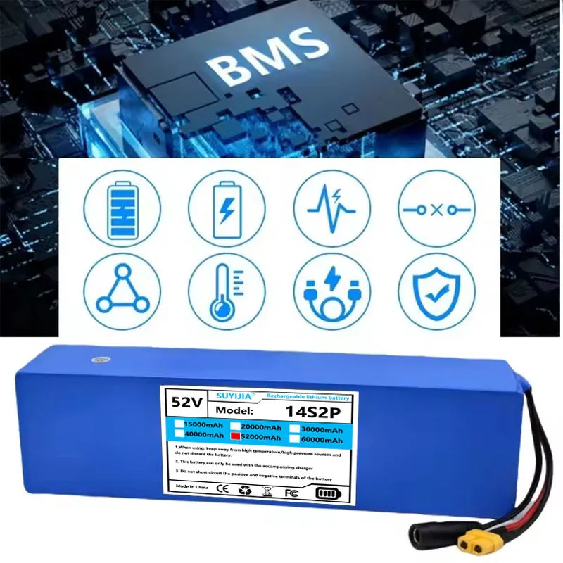 A blue rectangular lithium-ion battery pack with a white label reading '52V Model: 14S2P' and 'KUNSHU', shown below a white panel of blue outline icons and a dark tech-style background with a large 'BMS' chip graphic.