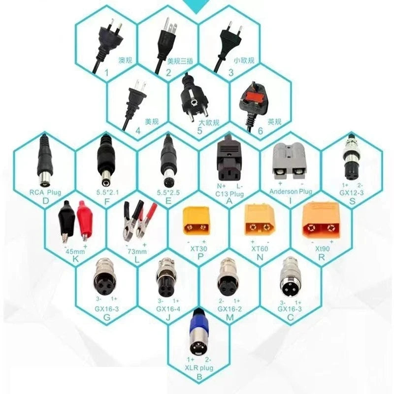 Collection of various electrical connectors arranged in a honeycomb pattern on a white background.