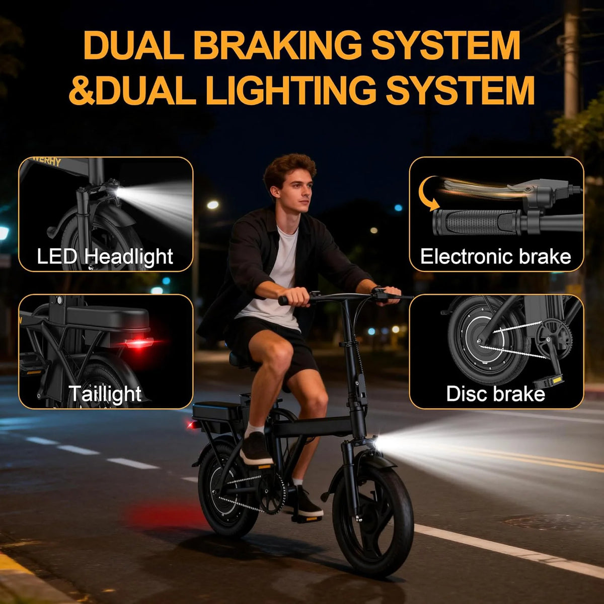 Person riding a bike with dual braking and lighting system features highlighted.