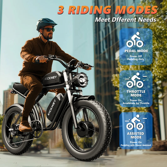 Man riding an electric bike with three riding mode options displayed.