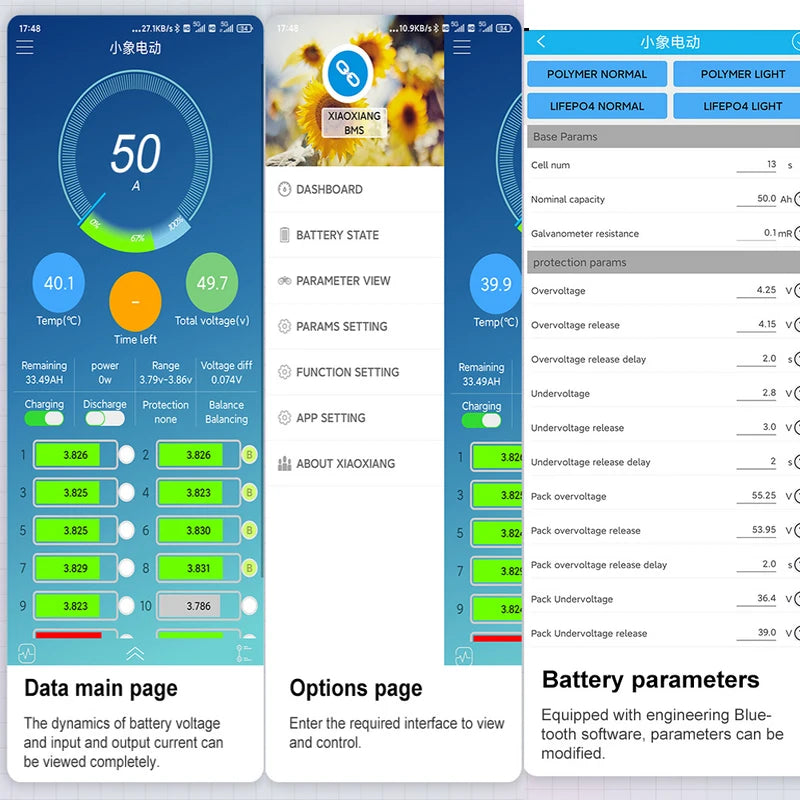Screenshots of a battery monitoring app with different functionalities.