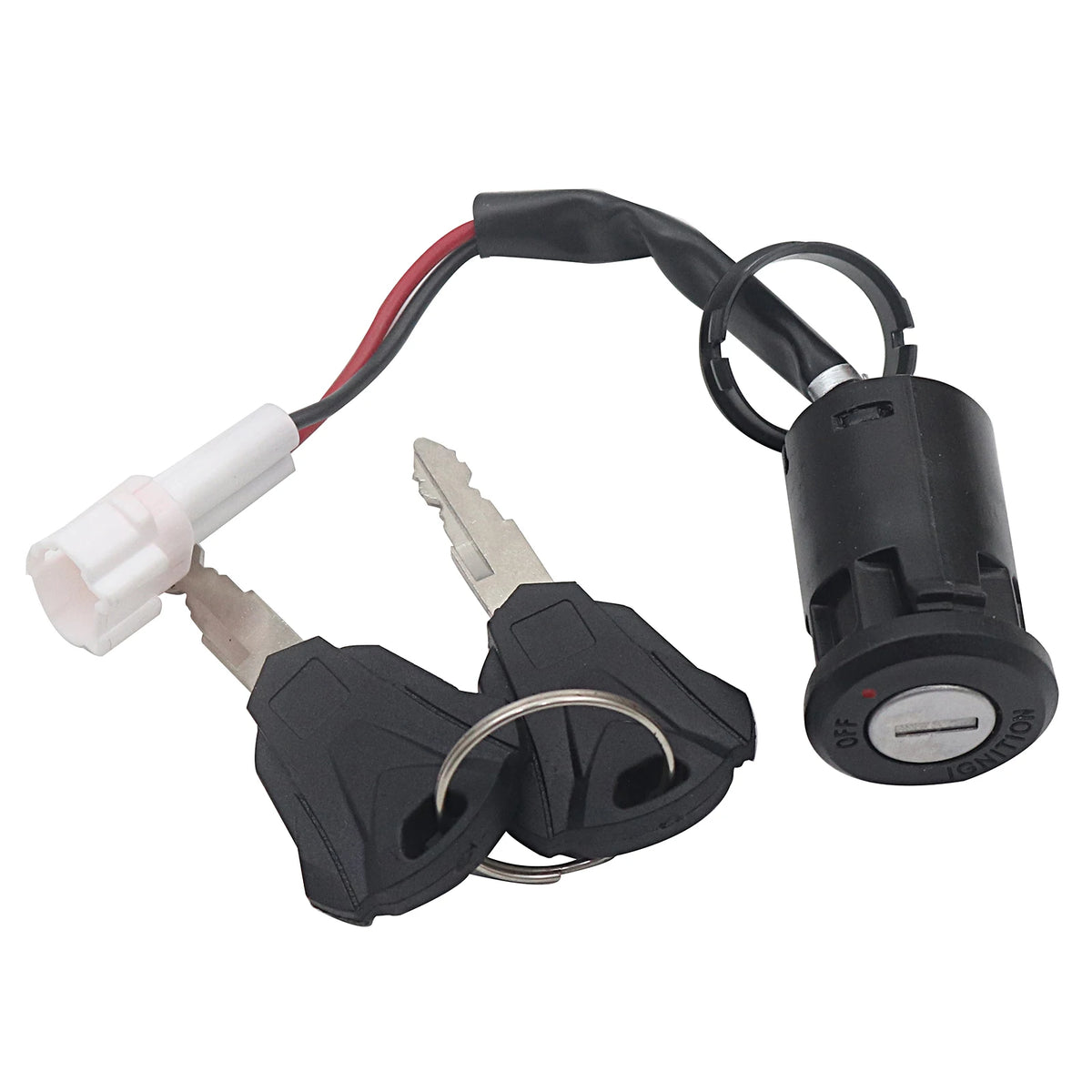 A replacement car key fob ignition lock cylinder kit with two keys, black key covers, a red and black wire harness, and a white plastic connector, shown on a white background.