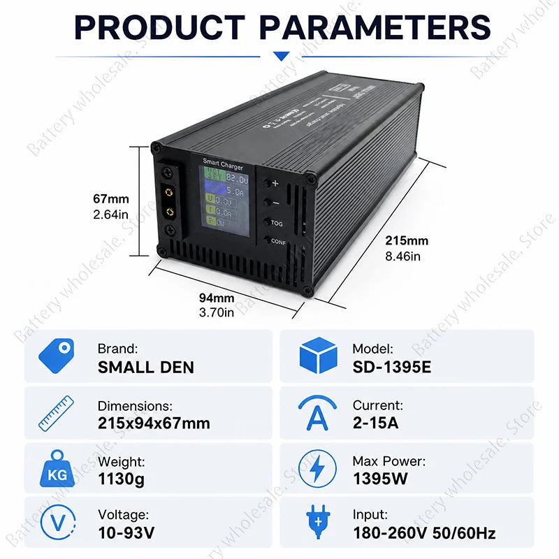 A product information graphic for a small solar power charger. The image shows the black rectangular charger with a front display screen, labeled with dimensions (215x94x67 mm), alongside a table of product parameters including brand SMALL DEN, model SD-1395E, dimensions, weight, voltage, current, and input voltage.