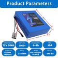 Blue battery pack with specifications on a white background