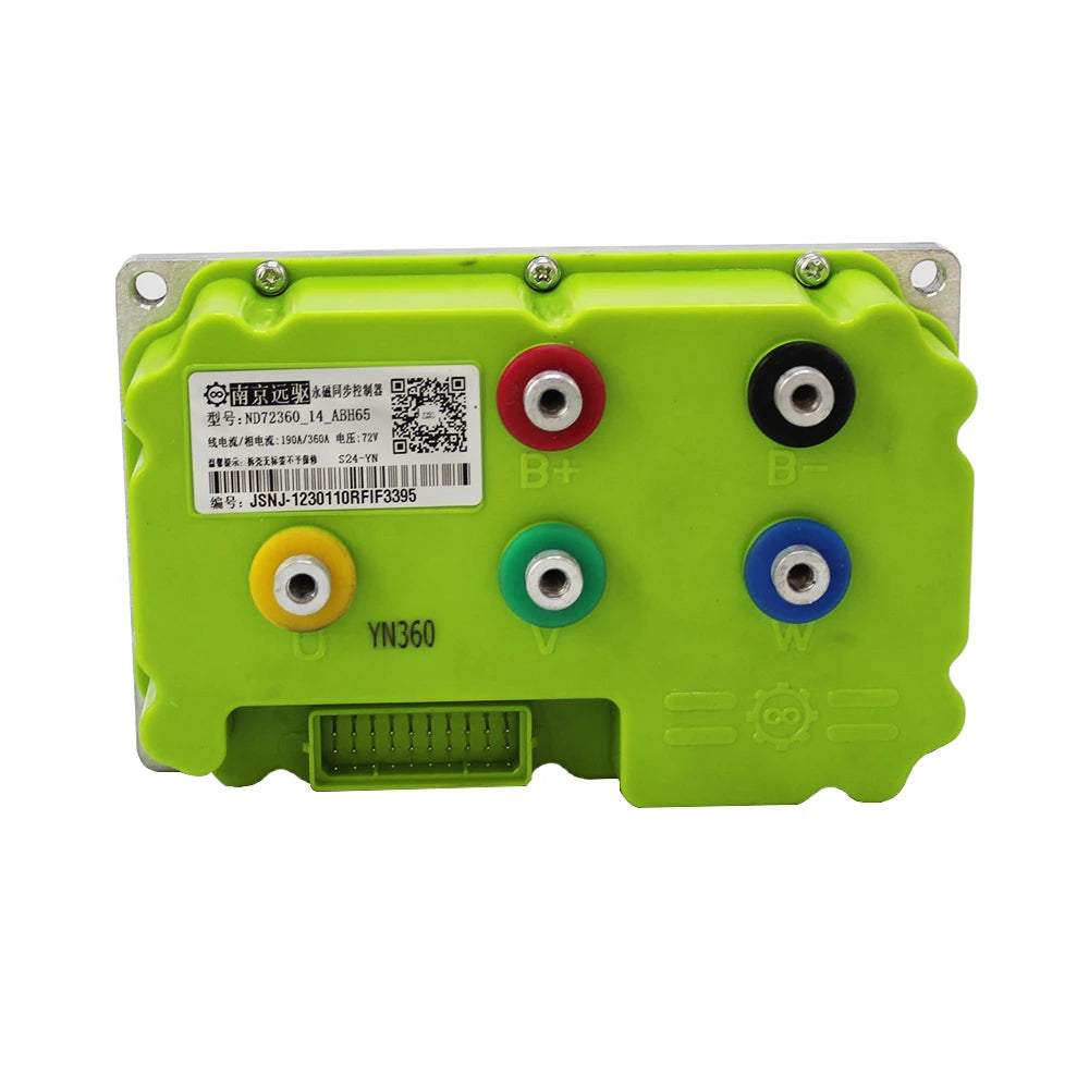 A bright lime green electronic control module with a white label, featuring four colored terminal connectors (red, black, green, yellow) and a multi-pin connector at the bottom, shown on a white background.