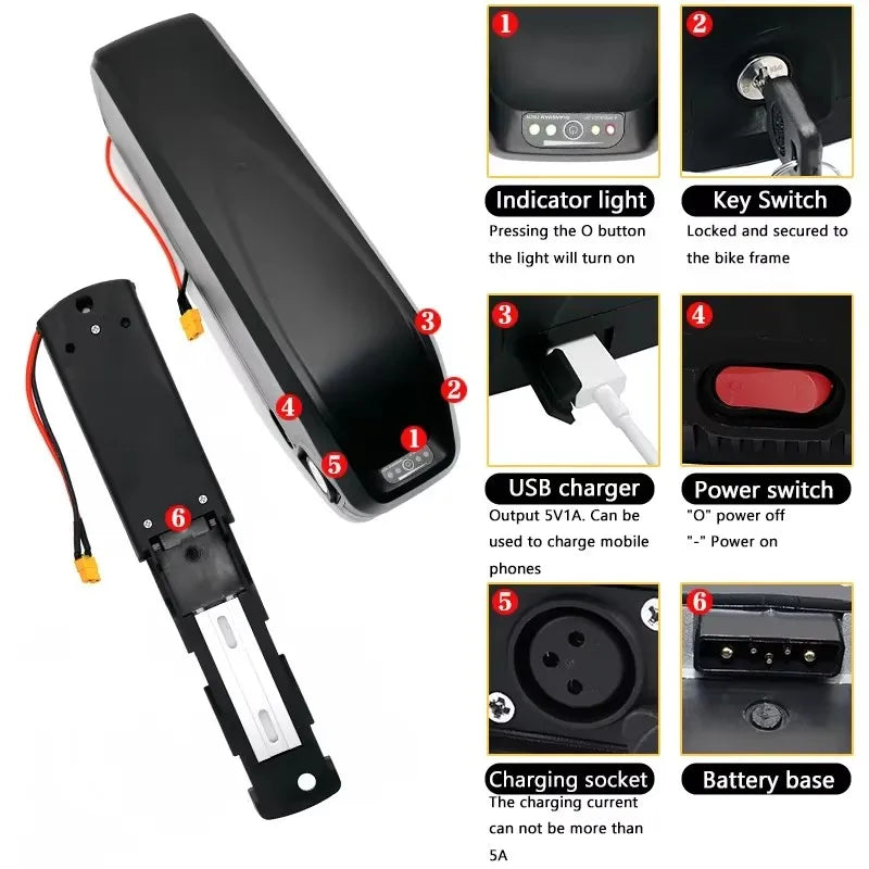 Black bicycle battery with red and yellow wires, shown alongside a detailed feature callout diagram with numbered labels for the indicator light, key switch, USB charger, power switch, charging socket, and battery base.