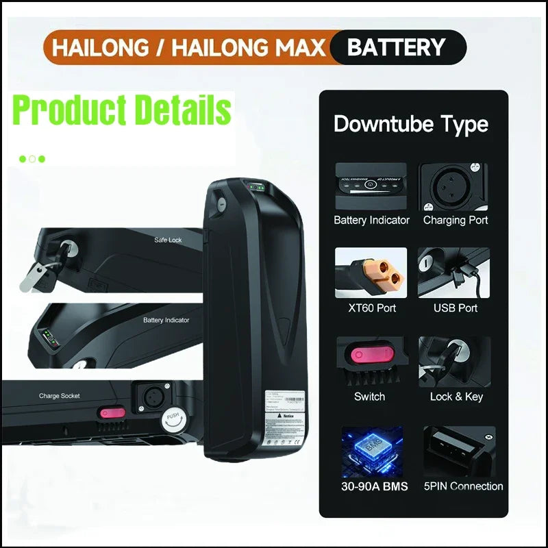 Product details graphic for a Hailong / Hailong Max battery for a dountube lawnmower, showing the black battery unit, battery indicator, charging port, XT60 port, USB port, switch, lock & key, 30-90A BMS, and 5-pin connection on a white background.