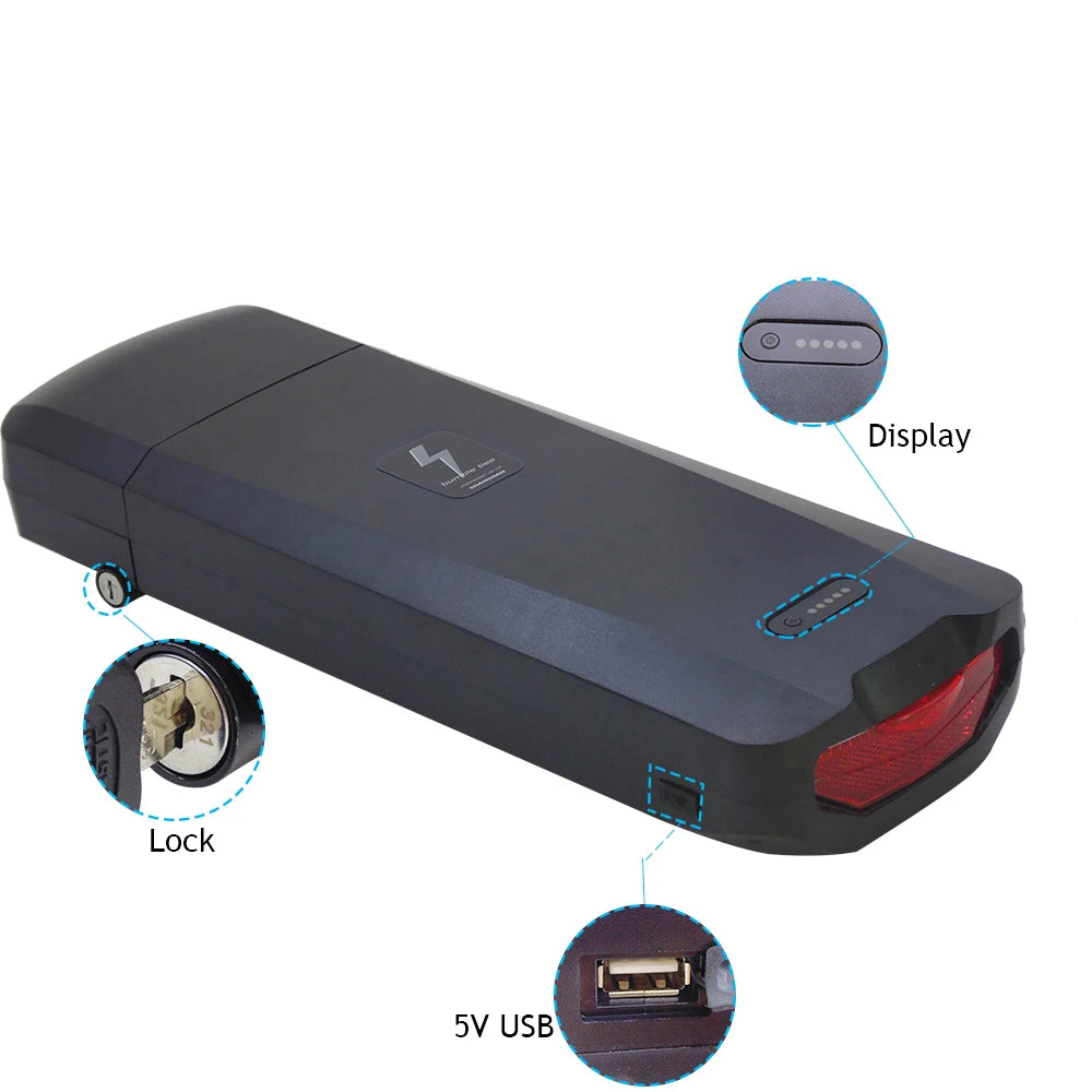 A black rectangular electronic device with a red end cap, shown on a white background with four circular callout insets labeled Display, Lock, and 5V USB, indicating features and ports.