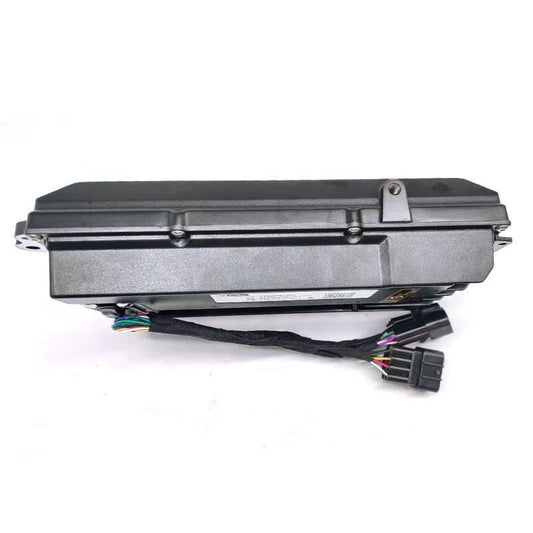 A black automotive electronic control module with attached wiring harnesses, photographed on a plain white background.