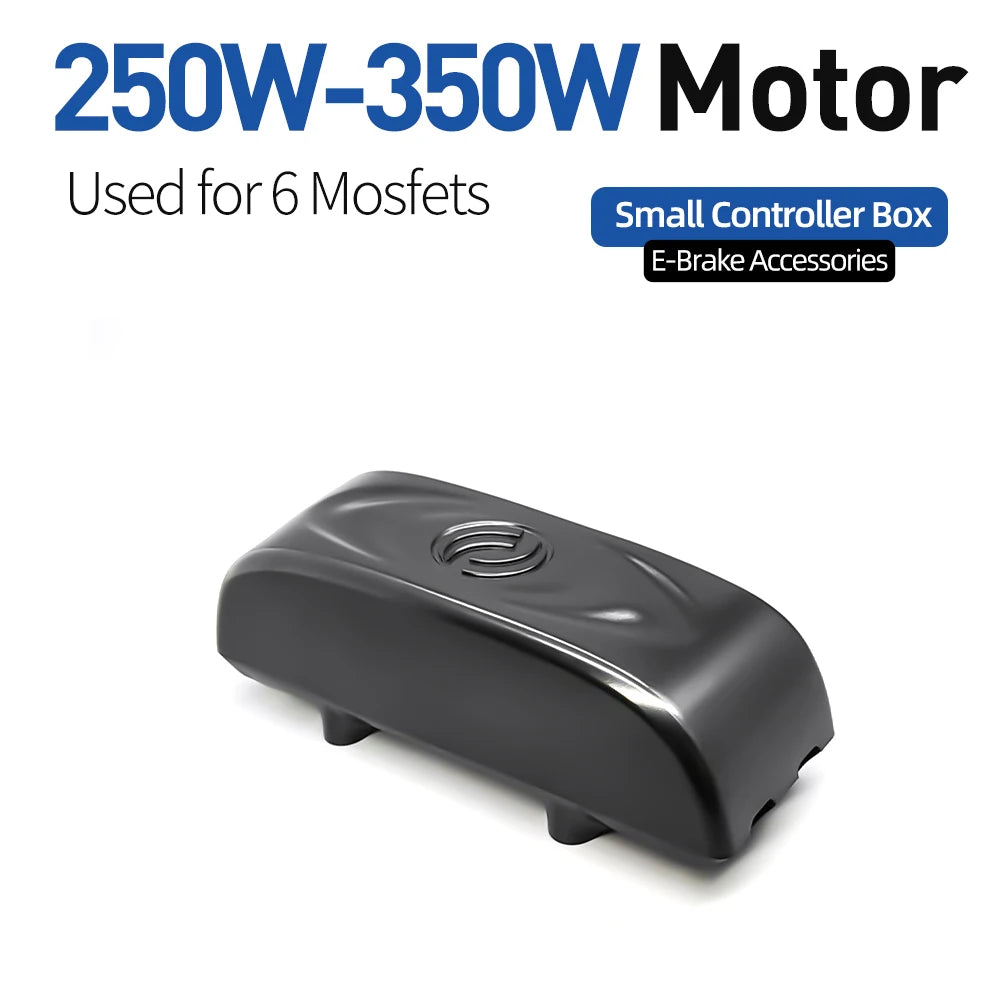A black plastic electronic controller box shown on a white background with text overlays reading '250W-350W Motor', 'Used for 6 Mosfets', and 'Small Controller Box E-Brake Accessories'.