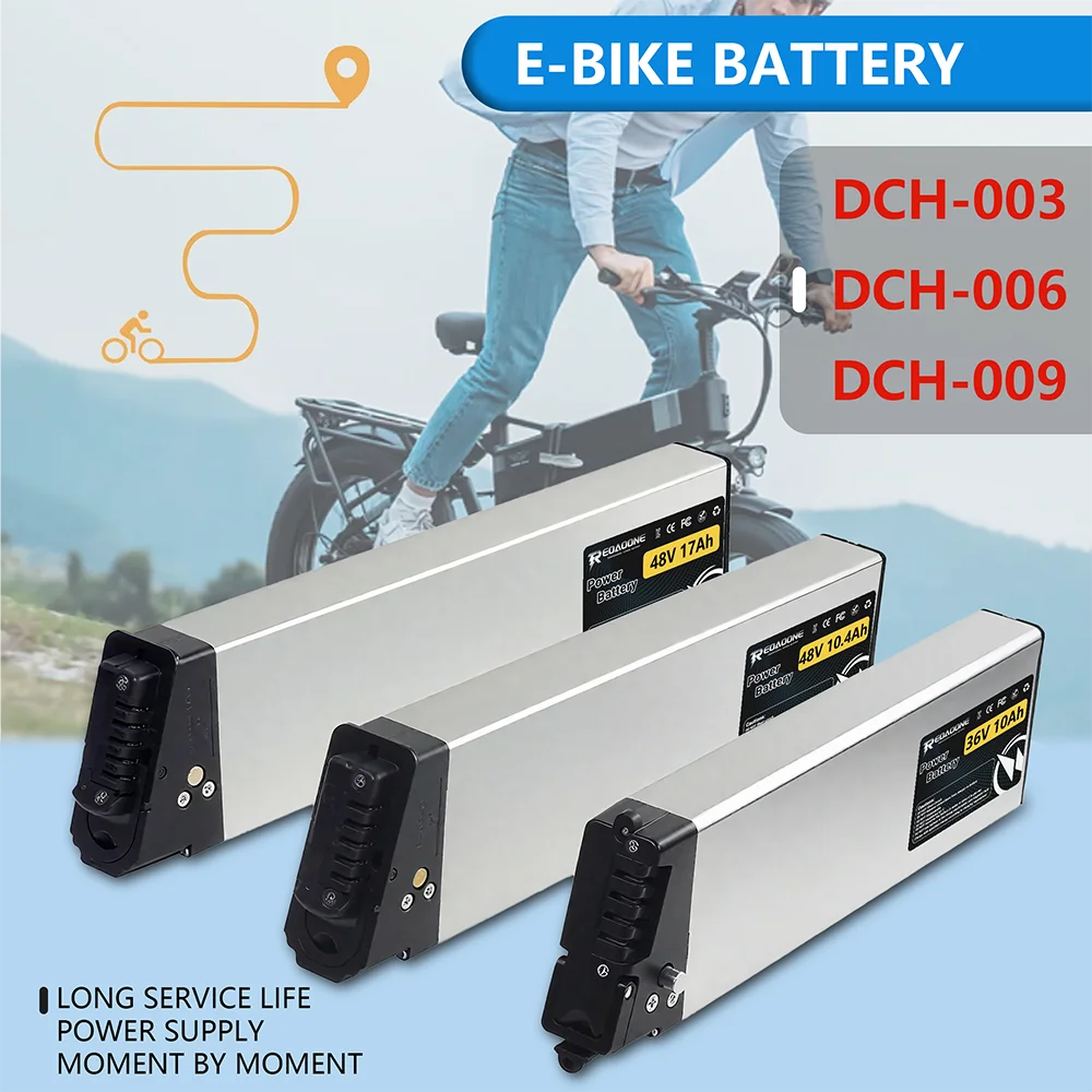 Three silver and black e-bike batteries shown in front of a blurred background of a cyclist on a bike path. The image includes text overlays 'E-BIKE BATTERY', 'DCH-003', 'DCH-006', 'DCH-009', and 'LONG SERVICE LIFE POWER SUPPLY MOMENT BY MOMENT'.