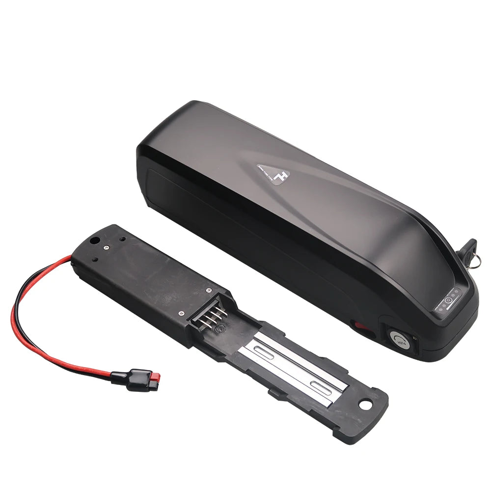 A black electric bike battery shown open, with the main battery casing and the exposed internal terminal tray and red/black connector wire on a plain white background.