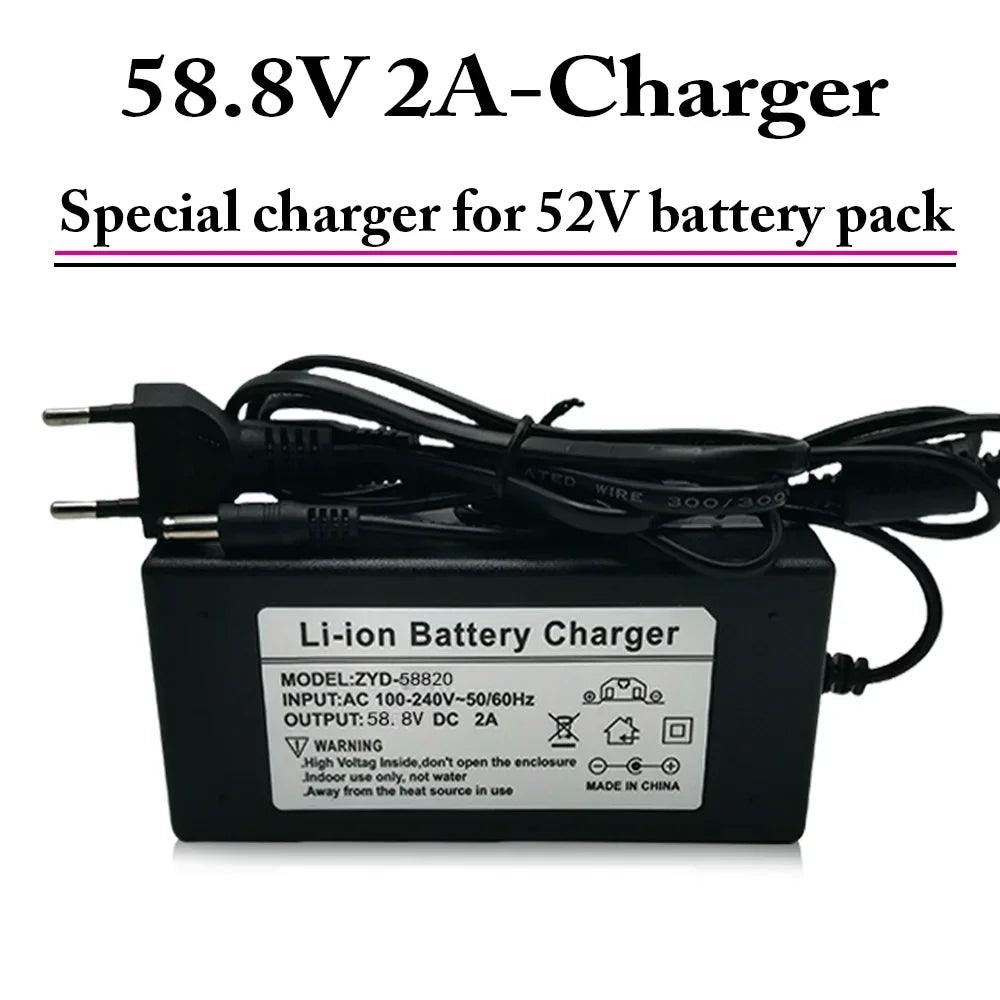 Black 58.8V 2A Li-ion battery charger with a European two-pin plug, shown on a white background with text overlays.