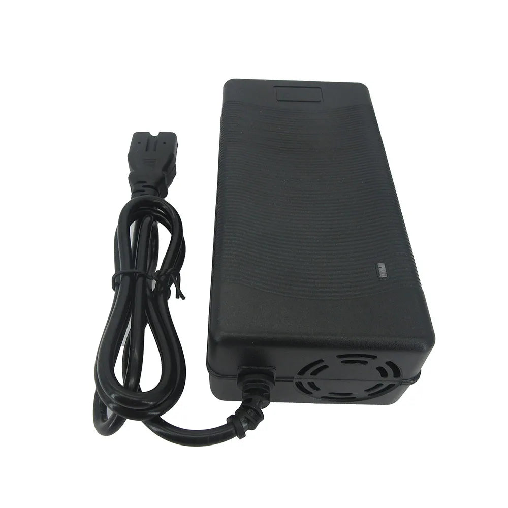 Black power adapter with cable on a white background