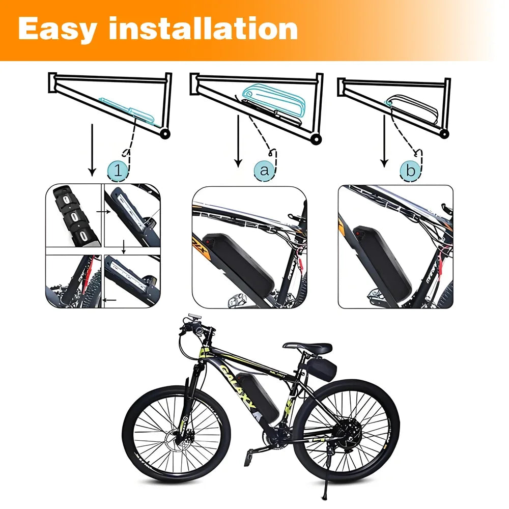 Installation guide graphic showing three panel diagrams labeled 1, a, and b for mounting a black battery pack onto a bicycle frame, plus a photo of a black electric bicycle with the battery attached.