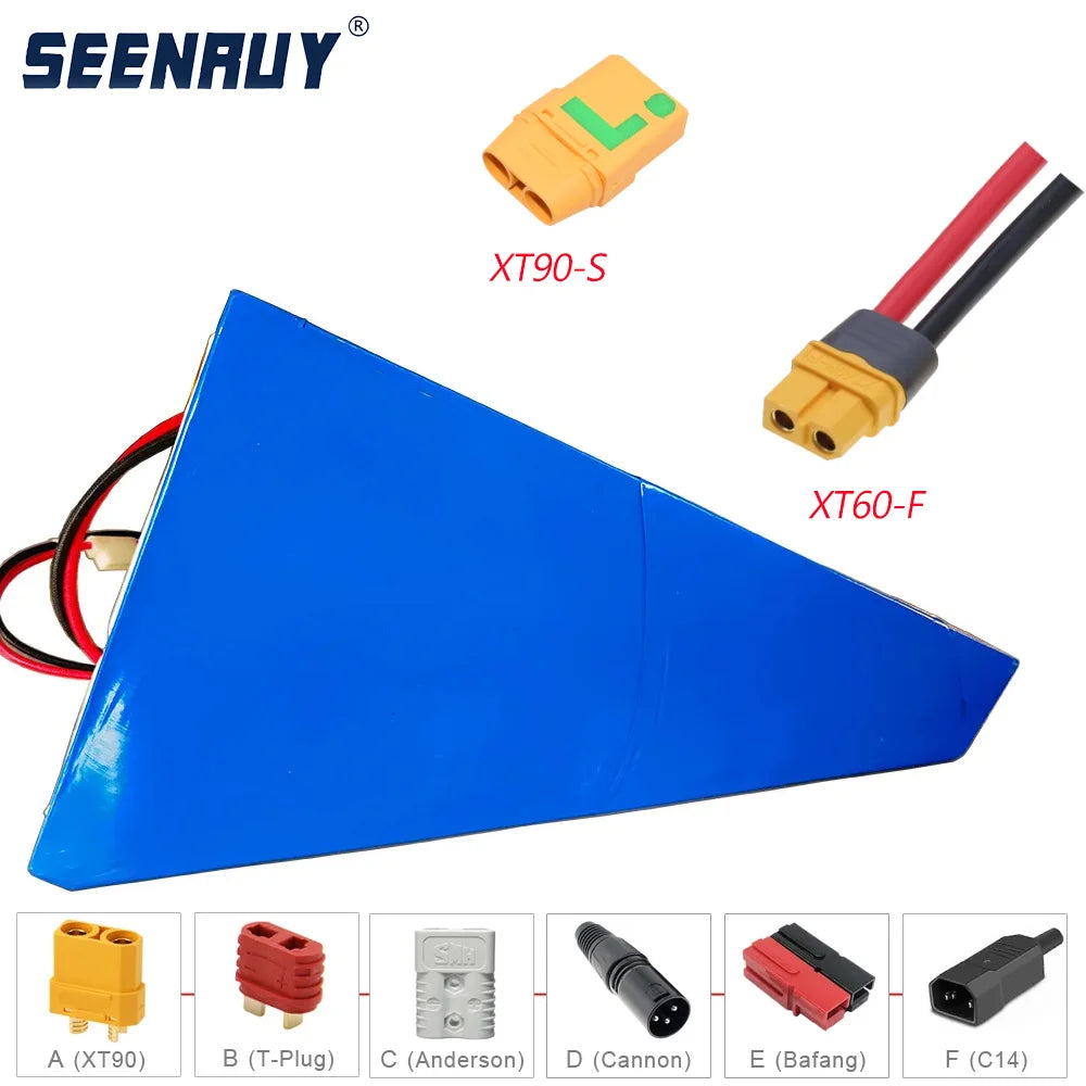 A blue triangular lithium-ion battery pack with attached red and black wires, shown on a white background with connector labels XT90-S and XT60-F, plus a small connector legend strip at the bottom. The brand name SEENAYU appears at top left.