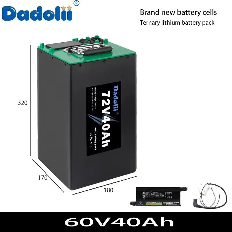 A Dadolii 60V 40Ah ternary lithium battery pack shown on a white background with dimension lines indicating 320 x 170 x 180 mm. The battery is black with a green top cover and a black label.