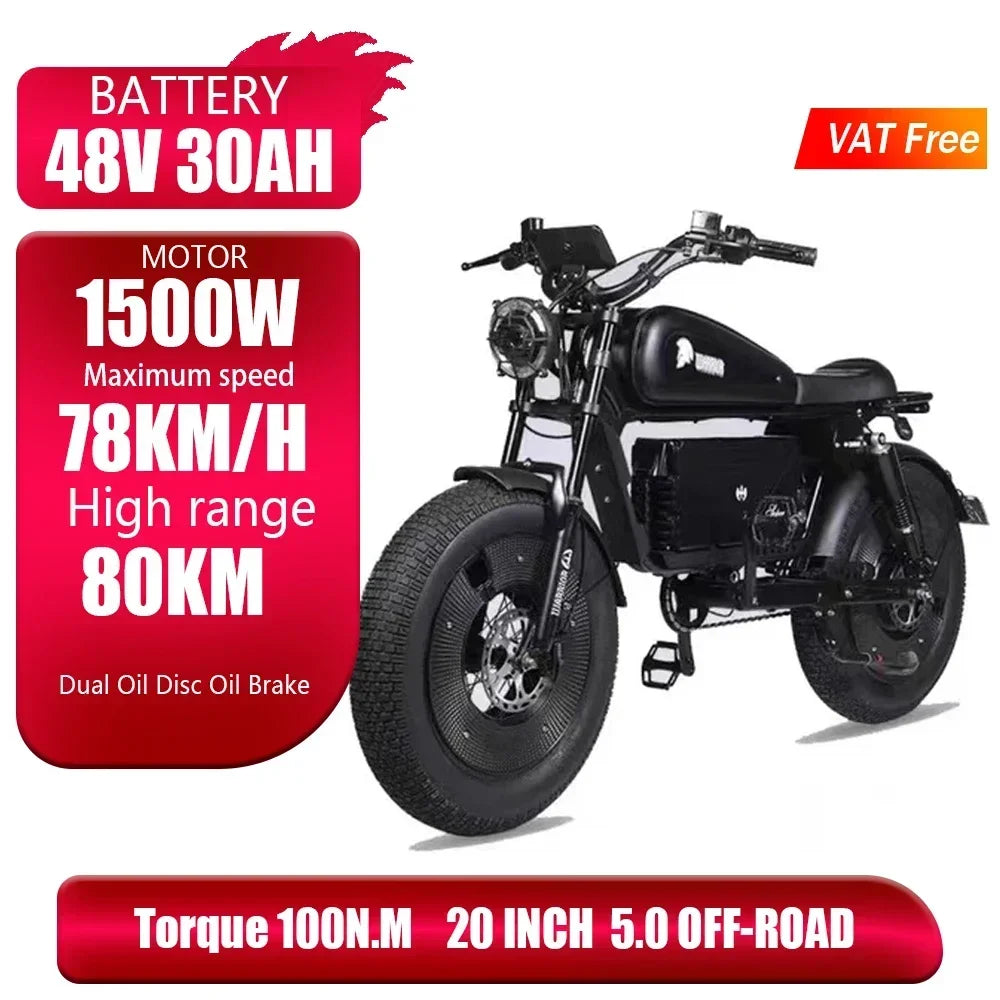 Black Warrior Limited Edition 1500W 48V 60Ah Retro Motorbike E-Bike.