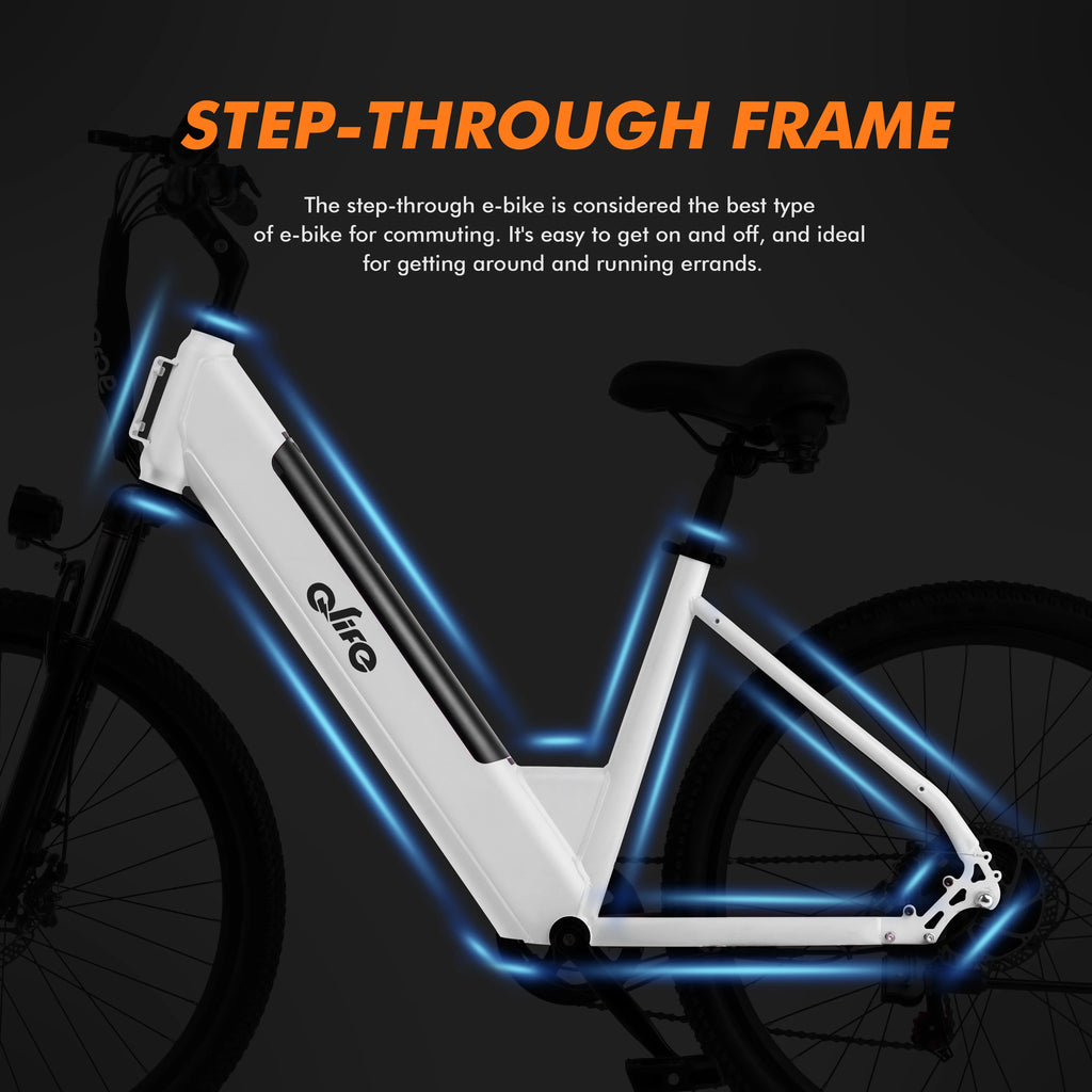 Electric bike with 'Step-Through Frame' text and description on a dark background
