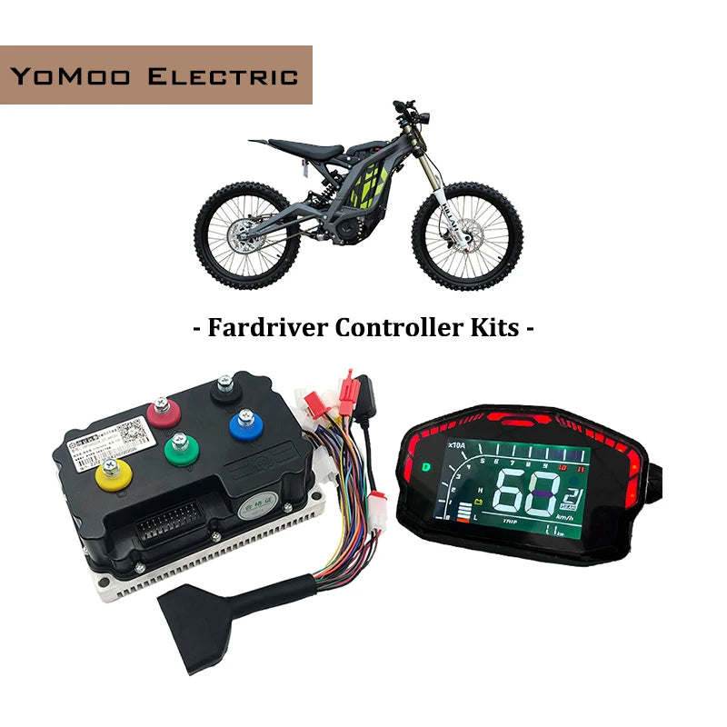 Yomoo Electric Fardriver controller kit showing a black electronic controller with colorful buttons, wiring, and a red-rimmed digital display screen, alongside a motorcycle graphic on a white background.