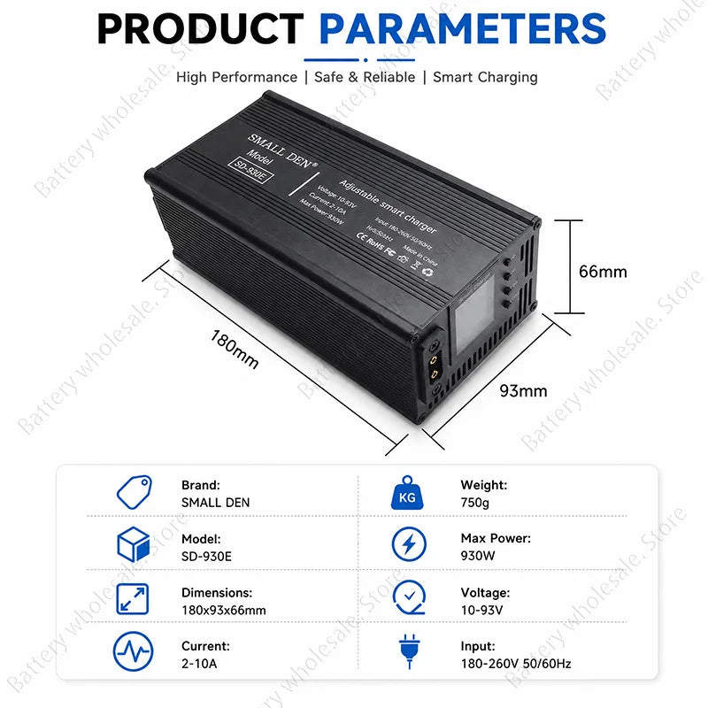 Black rectangular small 12V smart charger power supply with dimension annotations (180mm, 93mm, 66mm) and a specifications table below on a white background.