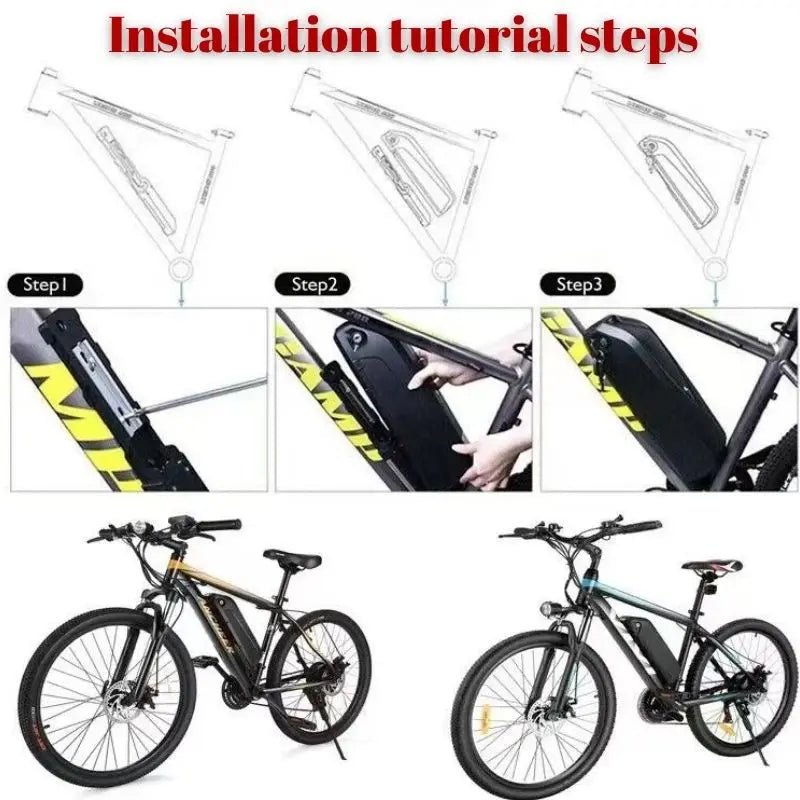 Step-by-step installation tutorial for an electric bike with labeled steps and final product images.
