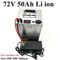 A 72V 50Ah lithium-ion battery charger or power station with a brushed metal cabinet, digital display, and attached black power adapter on a white background, with text overlays describing specifications.
