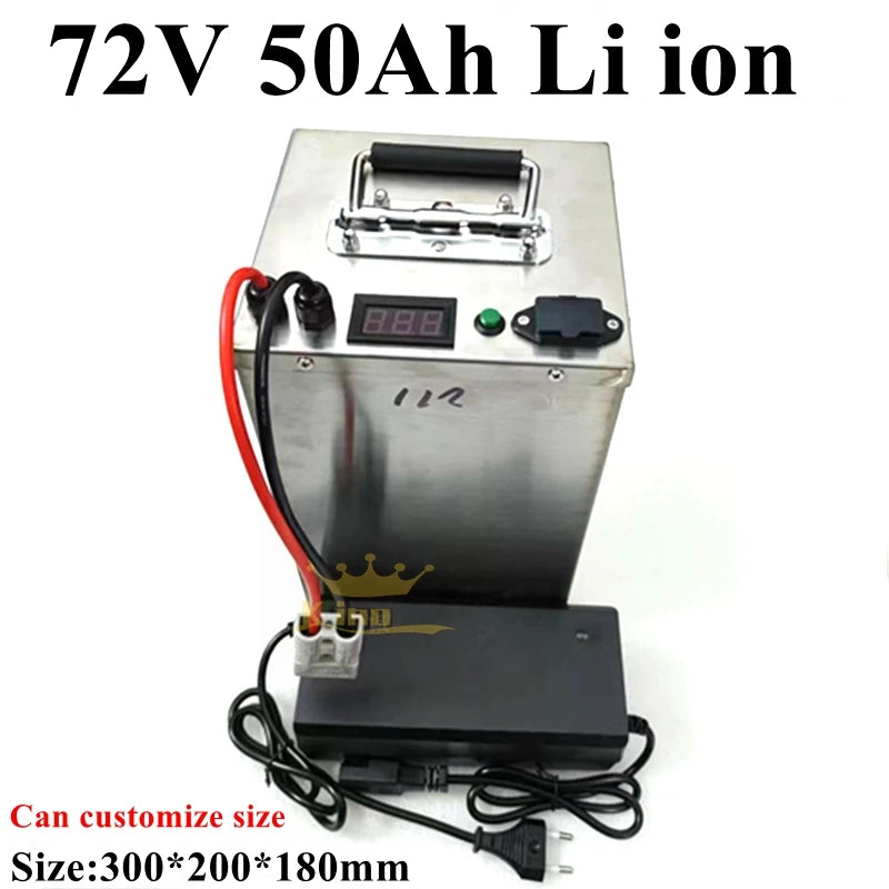 A 72V 50Ah lithium-ion battery charger or power station with a brushed metal cabinet, digital display, and attached black power adapter on a white background, with text overlays describing specifications.